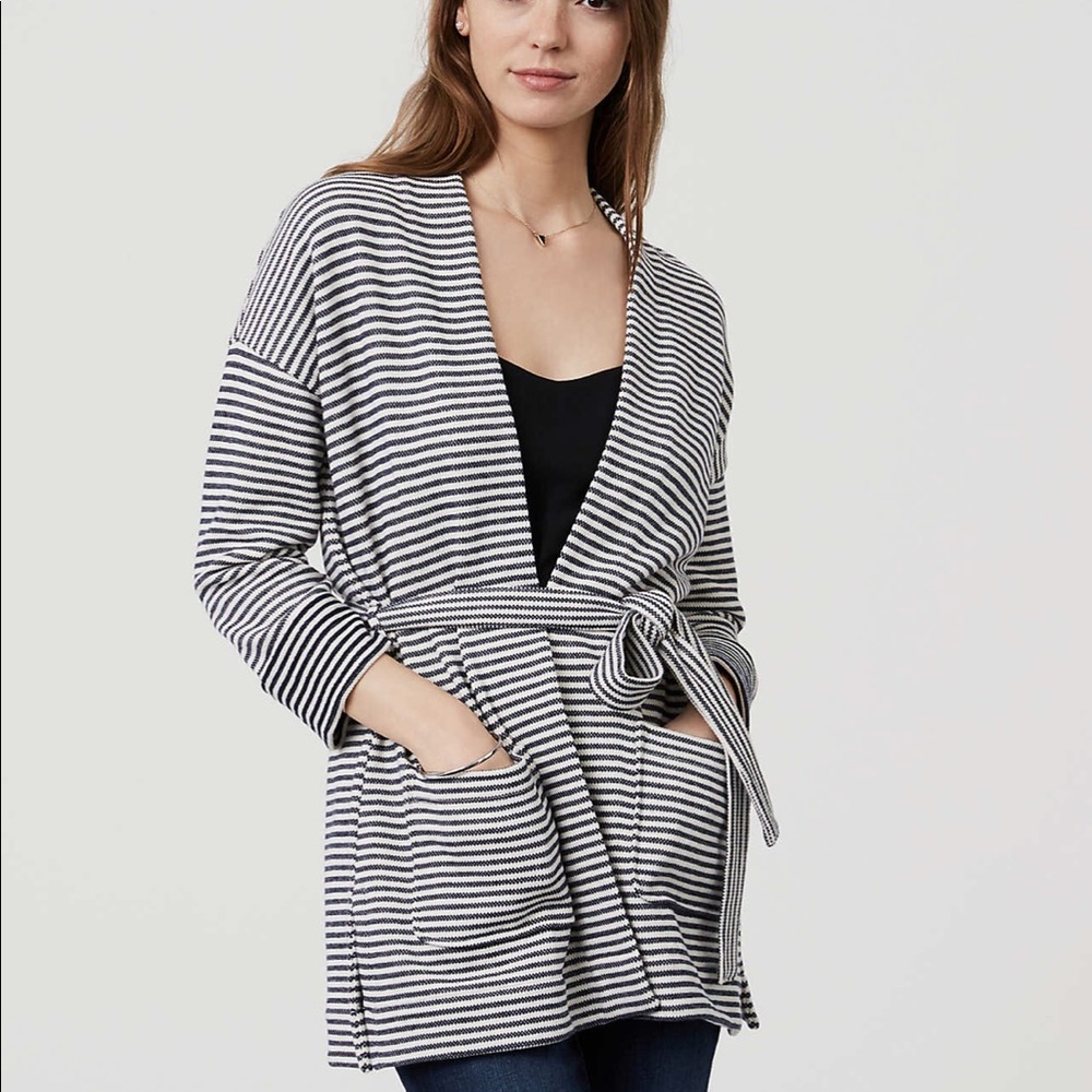 Loft white and navy striped tie waist cardigan